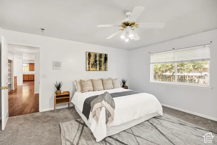 Recessed window with blinds, ceiling fan with integrated lighting, wall-to-wall carpeting, and an open doorway revealing wood-finish flooring