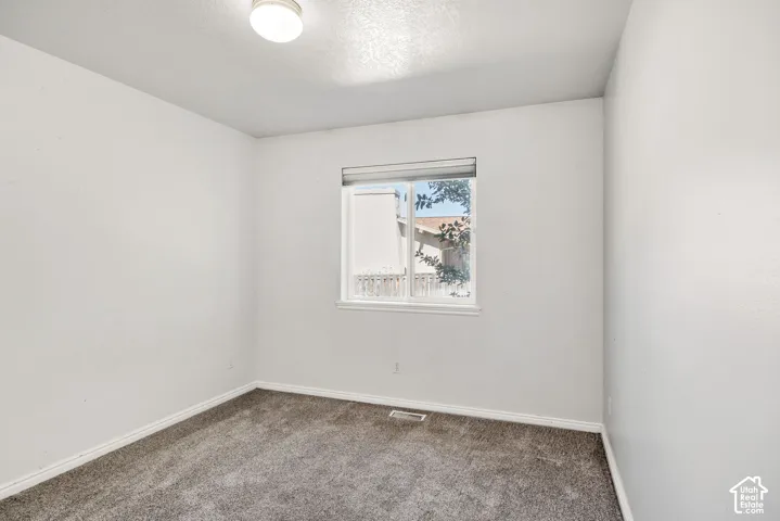 Recessed window with white trim, gray carpet, and overhead flush-mount lighting