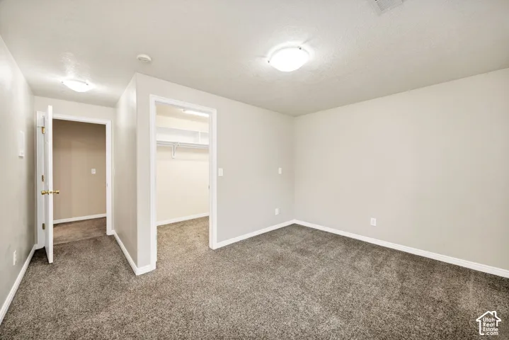 Carpeted room with neutral wall tones and a built-in closet featuring shelving and a hanging rod