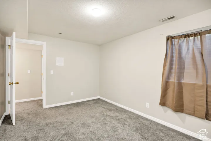 Neutral-toned walls complement gray carpeting and white trim