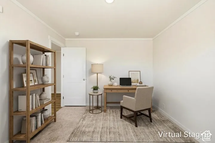 Recessed overhead lighting and crown molding