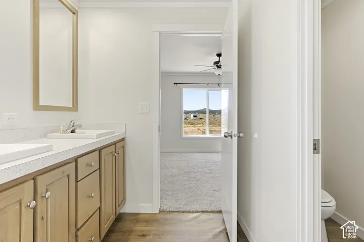 Dual vanity with integrated sinks, light wood-finish cabinetry, and neutral-toned countertops