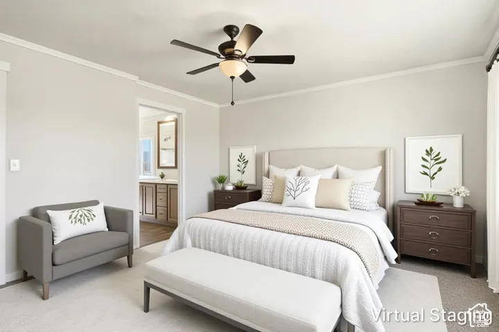 Recessed lighting, crown molding, and ceiling fan with integrated light fixture