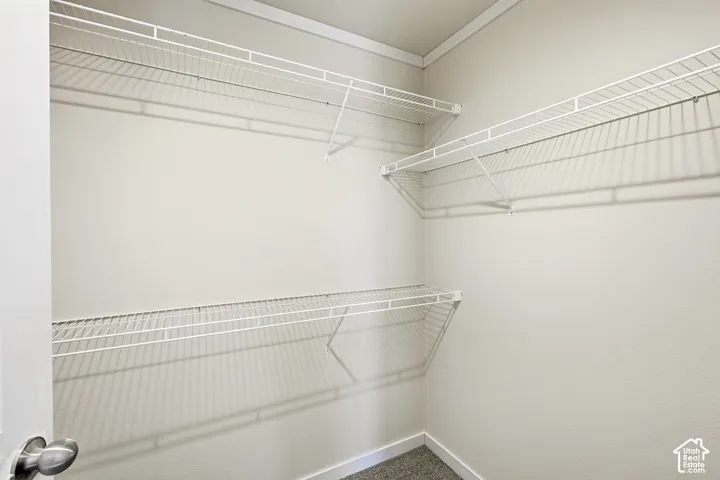 Built-in wire shelving system with multiple tiers, light-colored walls, and carpeted flooring