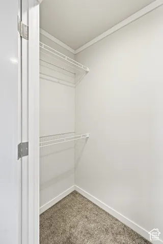 White wire shelving, white walls, and carpeted flooring