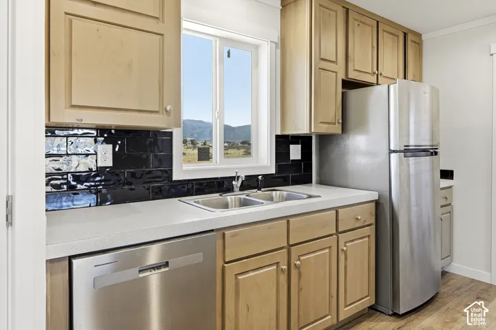 Stainless steel appliances, dual basin sink, light wood cabinetry, light-toned countertops, and black subway tile backsplash