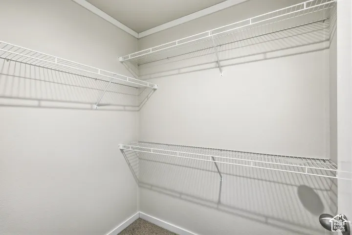 Corner closet with white wire shelving units and textured carpeting