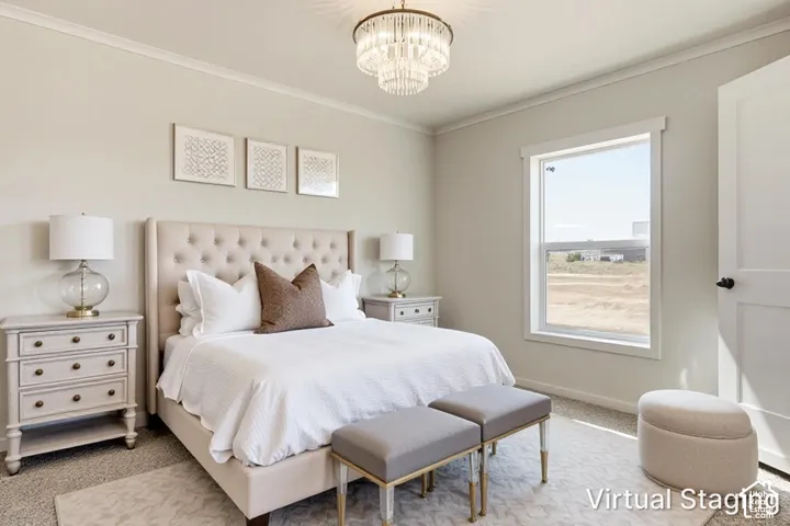 Crown molding and a tiered crystal chandelier illuminate this room