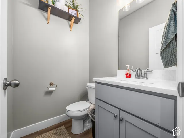 Integrated vanity with a white countertop and undermount sink, gray cabinetry with double doors, wood-finish flooring, and a wall-mounted mirror