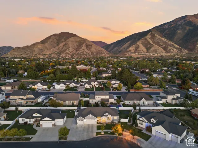 Expansive residential neighborhood with mature trees, established properties, and a prominent mountain backdrop