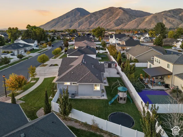 Mountain backdrop with residential architecture