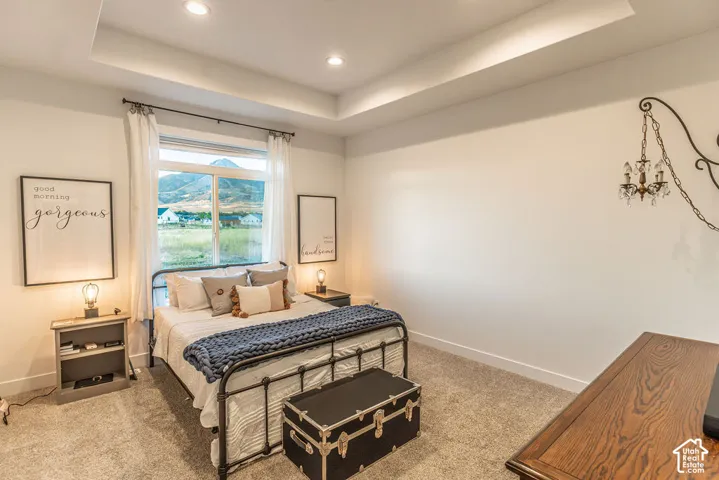 Recessed lighting, tray ceiling, large window, carpet flooring, and a decorative wall sconce