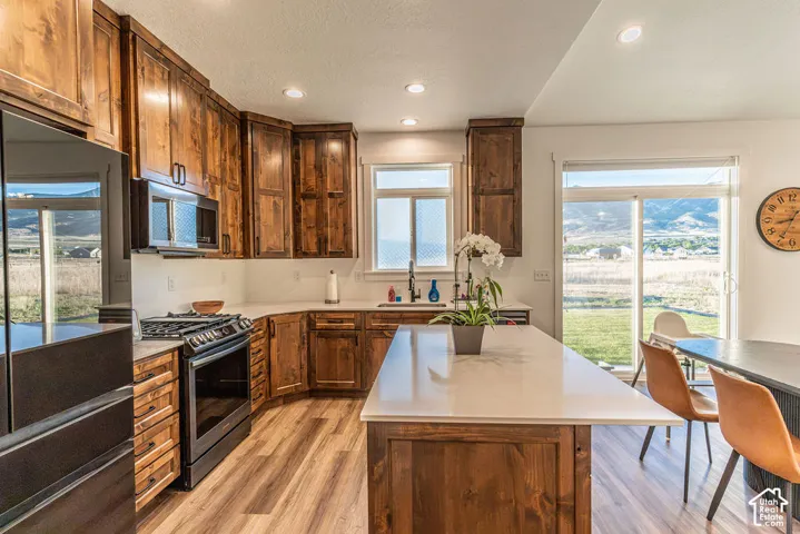Kitchen featuring wood-finish cabinetry, light-colored countertops, and stainless steel appliances