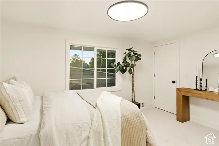 Recessed window with white trim, flush-mount ceiling light fixture, white interior door with black hardware, and light-toned carpeting