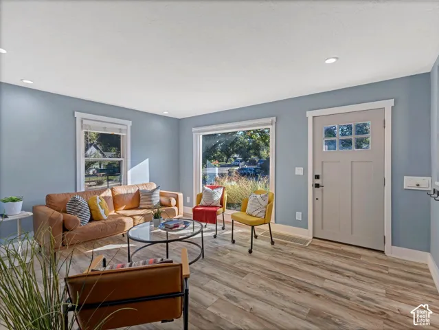Cheerful living room with oversized picture window