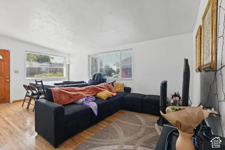 Wood-finish flooring at entry, white walls, and multiple windows with blinds