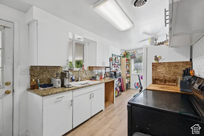 Kitchen featuring wood-finish flooring, white cabinetry, a single basin sink, and a multi-tone backsplash