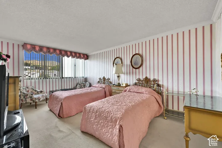 Wall-to-wall carpeting and striped wall coverings