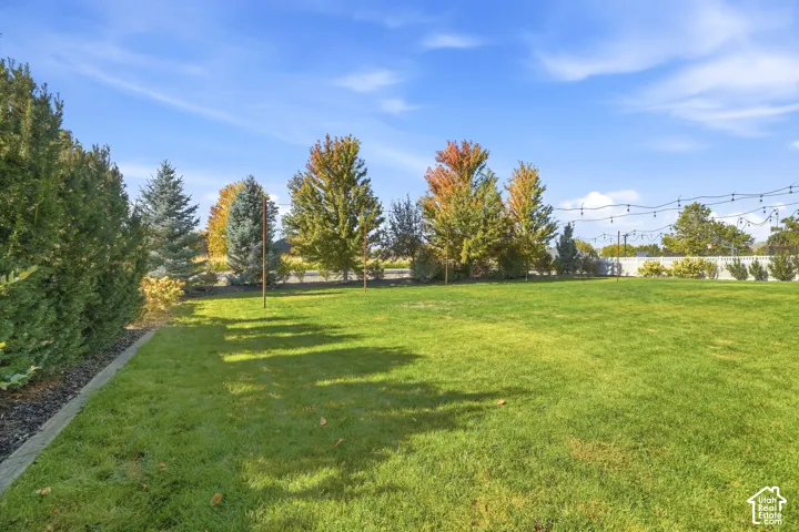 Expansive lawn area, mature trees, ornamental shrubs, and a white perimeter fence