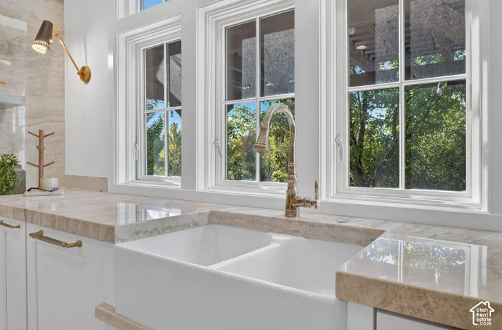 Double basin farmhouse sink with a brass-finish gooseneck faucet, set within polished stone countertops, under three multi-pane windows