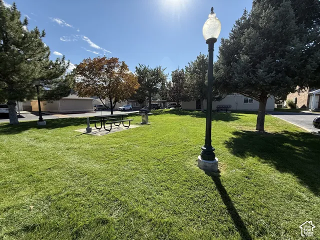 Expansive grassy area with mature trees, equipped with a picnic table and a street lamp