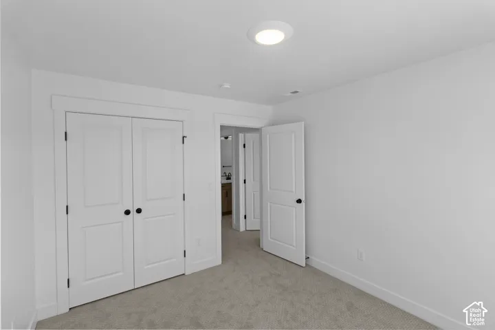Recessed ceiling light, white paneled doors, black hardware, and neutral wall color