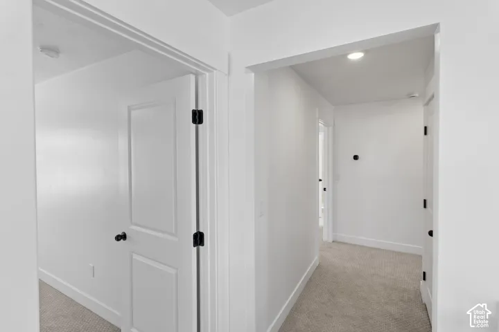 White interior doors with black hardware, recessed ceiling lighting, and light-toned carpeting