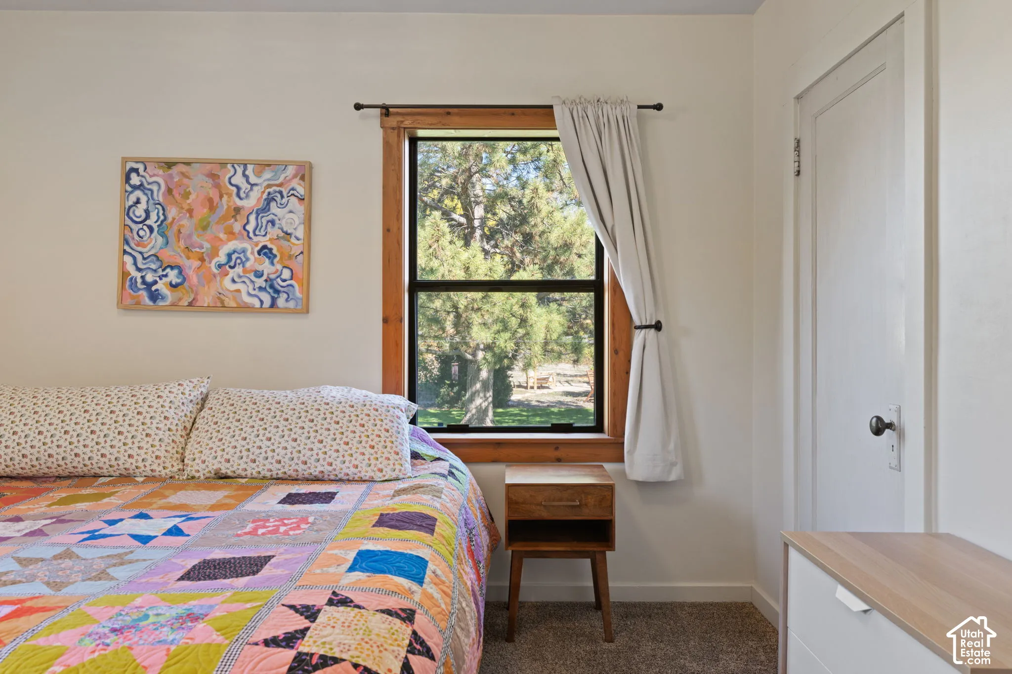 Window with wood-finish trim, white door with dark hardware, and light-colored carpeting