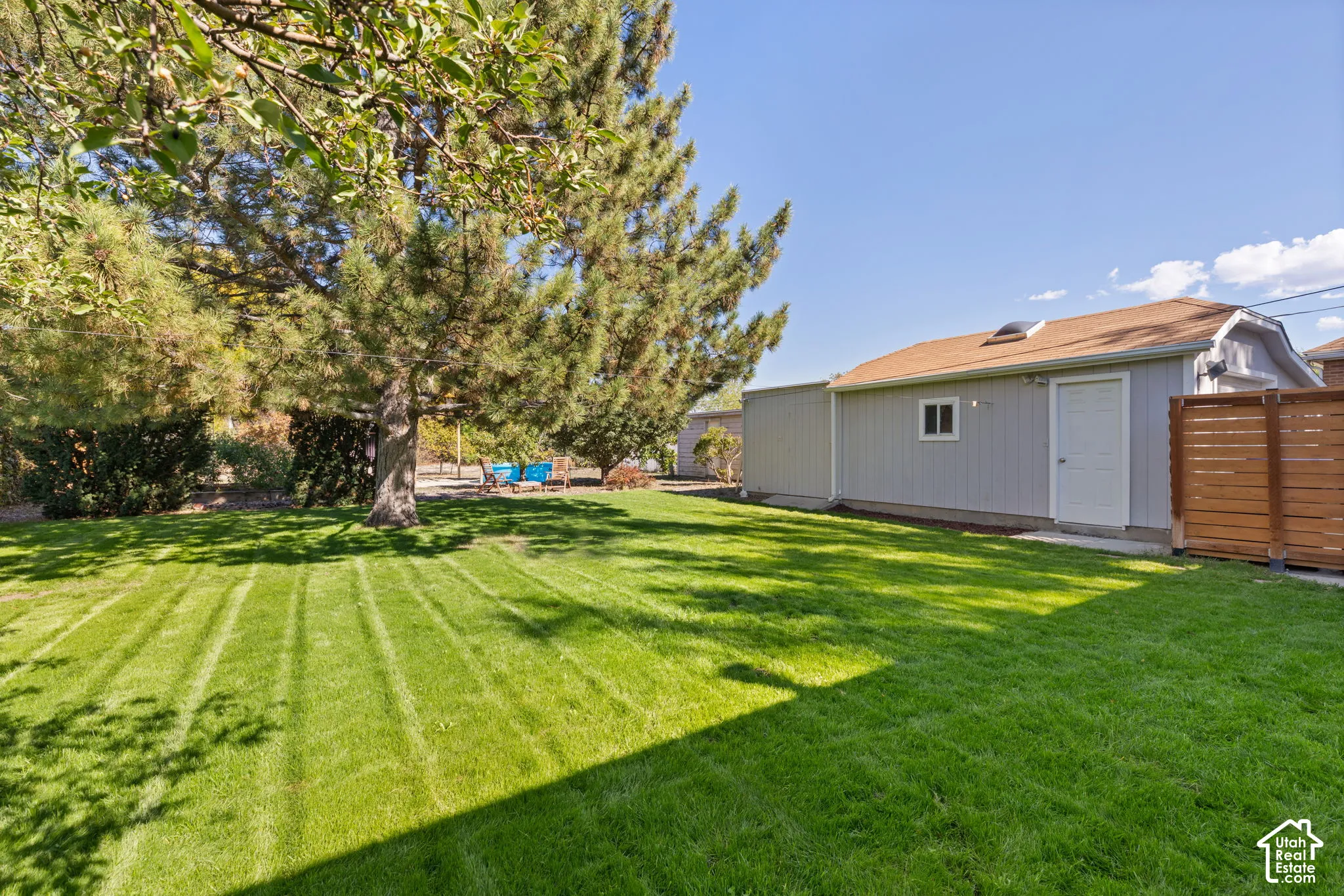 Expansive backyard featuring a manicured lawn, mature trees, and a privacy fence