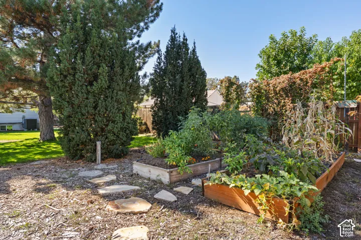 Raised garden beds featuring established plantings, stone pathway, and mature trees