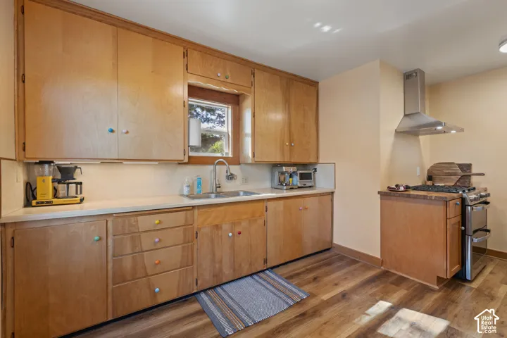 Wood-finish flooring, wood cabinetry, stainless steel range hood, built-in stainless steel oven, and a single basin sink