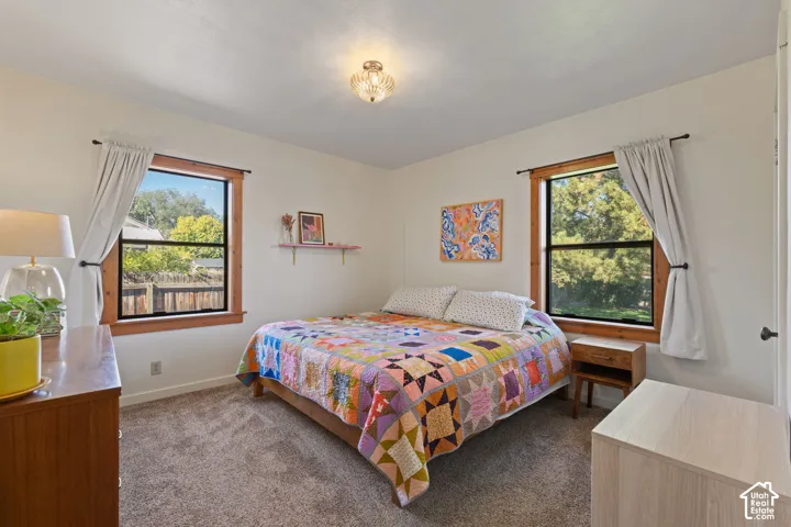 Recessed lighting fixture, light-colored walls, carpeted flooring, and two windows with wood-finish trim