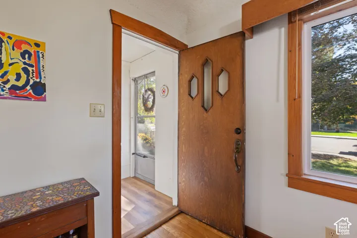 Wood-finish entry door with decorative glass inserts