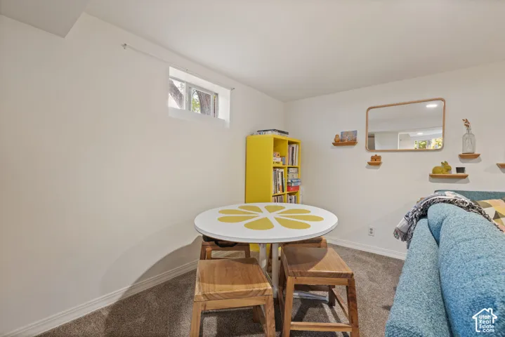 Carpeted flooring paired with a white wall finish, featuring a built-in window