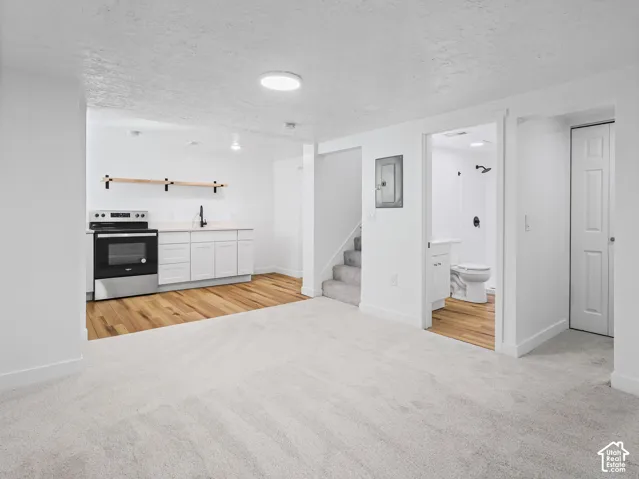 Bright open space featuring light-toned carpeting, wood-finish flooring, a kitchen area with white cabinetry and a stainless steel range, and a full bathroom with a walk-in shower