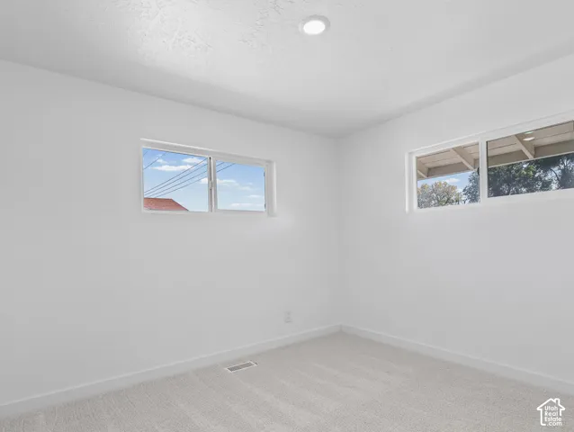 Recessed ceiling lighting, two windows, wall-to-wall carpeting, and white wall finishes