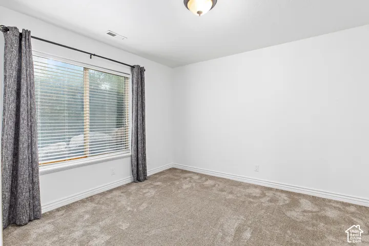 Neutral wall finishes with a window, ceiling-mounted light fixture, and carpeted flooring
