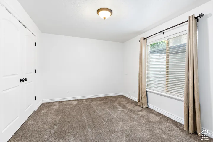 Neutral wall finish with an overhead light fixture, light brown carpeting, and a window with blinds
