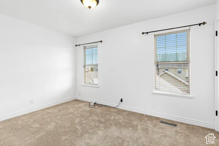 Neutral-toned carpeting paired with white walls, two windows featuring horizontal blinds, and a ceiling-mounted light fixture