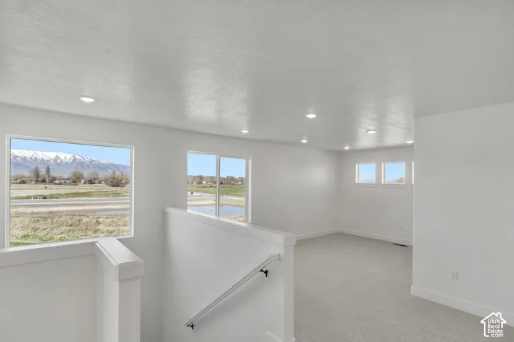 Recessed lighting, light-toned carpeting, white painted walls, white railing, and multiple windows