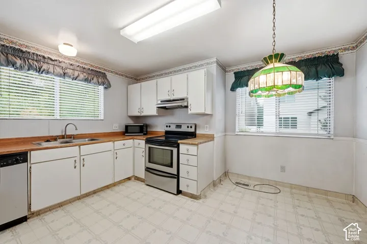 Kitchen with white cabinetry, stainless steel appliances, wood-finish countertops, and dual windows