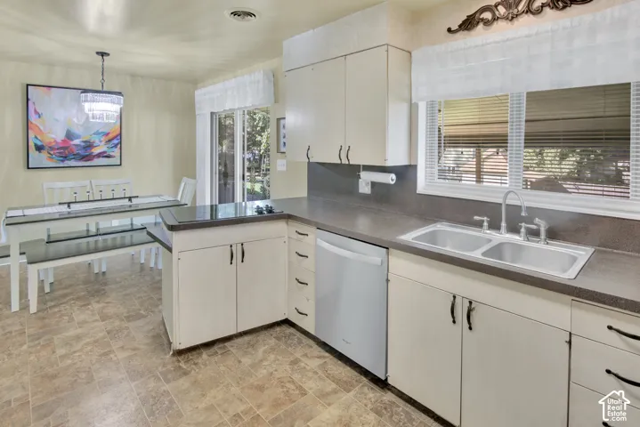 Awesome kitchen featuring a double basin stainless steel sink, built-in dishwasher, and ample cabinetry