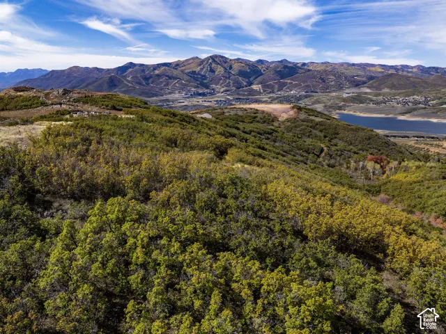 Expansive mountainous terrain featuring diverse foliage and a distant body of water