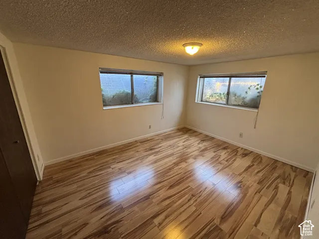 Wood-finish flooring throughout, two windows, and a flush mount ceiling light