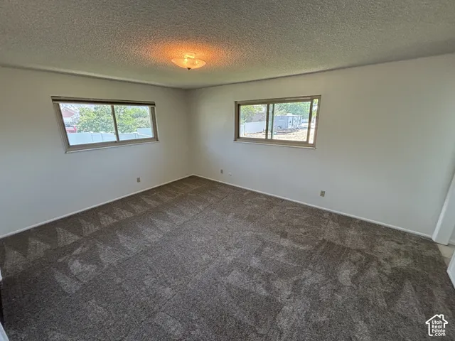 Room featuring two windows, neutral wall paint, textured ceiling, and patterned carpet flooring