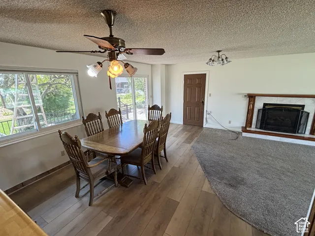 Wood-finish flooring, white walls, and a ceiling fan with integrated lighting