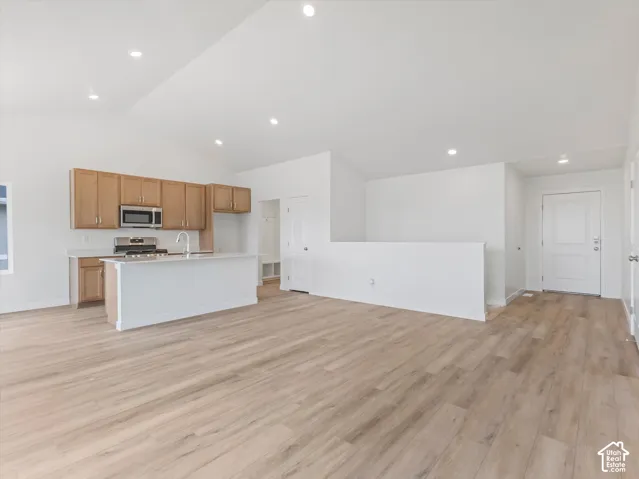 Vaulted ceilings, wood-finish flooring, recessed lighting, kitchen island with sink, and stainless steel appliances