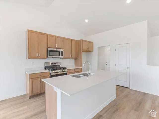 Kitchen featuring wood-finish cabinetry, stainless steel appliances, a large island with an integrated sink, light-toned countertops, and wood-finish flooring