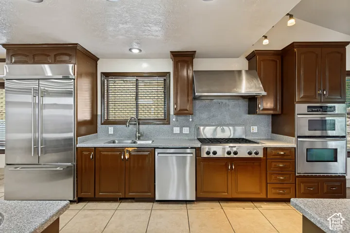 Stainless steel refrigerator, built-in double oven, and gas range