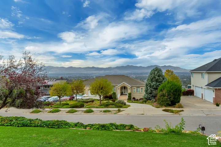 Single-story residence featuring a paved driveway, mature landscaping, and an attached two-car garage